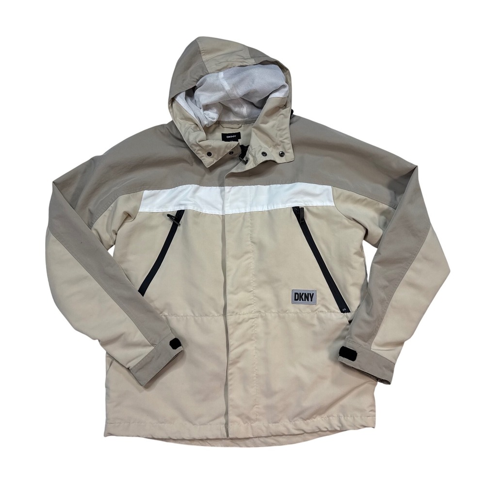 DKNY Windbreaker Jacket Mens Small Beige Excellent Colorblock Hooded Spring 22
